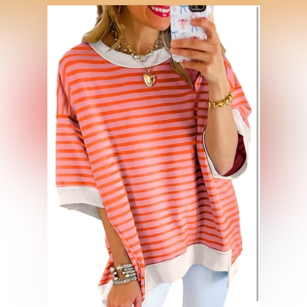 Women’s Coral Pink Striped Oversized Top
